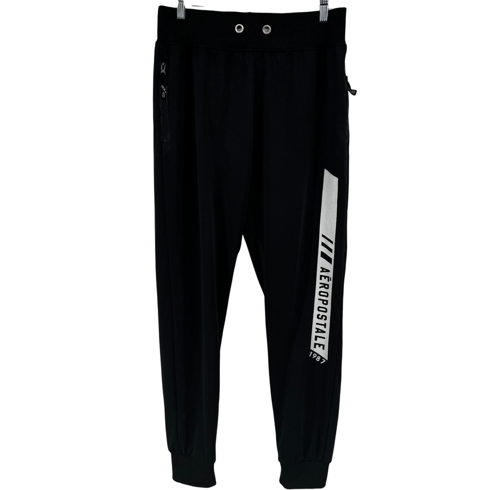 Aeropostale Mens Black Logo Graphic Athletic Joggers Sweatpants Side Zip Pockets